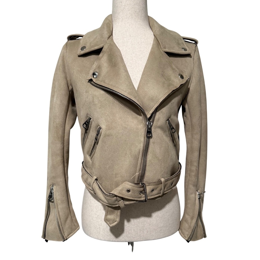 Details Basic Faux Suede Moto Biker Jacket Small Beige Asymmetrical Zip Belted